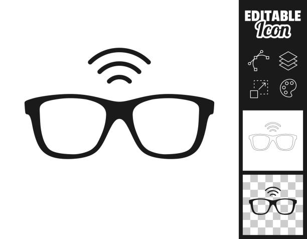 Smart glasses. Icon for design. Easily editable Icon of "Smart glasses" for your own design. Three icons with editable stroke included in the bundle: - One black icon on a white background. - One line icon with only a thin black outline in a line art style (you can adjust the stroke weight as you want). - One icon on a blank transparent background (for change background or texture). The layers are named to facilitate your customization. Vector Illustration (EPS file, well layered and grouped). Easy to edit, manipulate, resize or colorize. Vector and Jpeg file of different sizes. black and white eyeglasses clip art stock illustrations