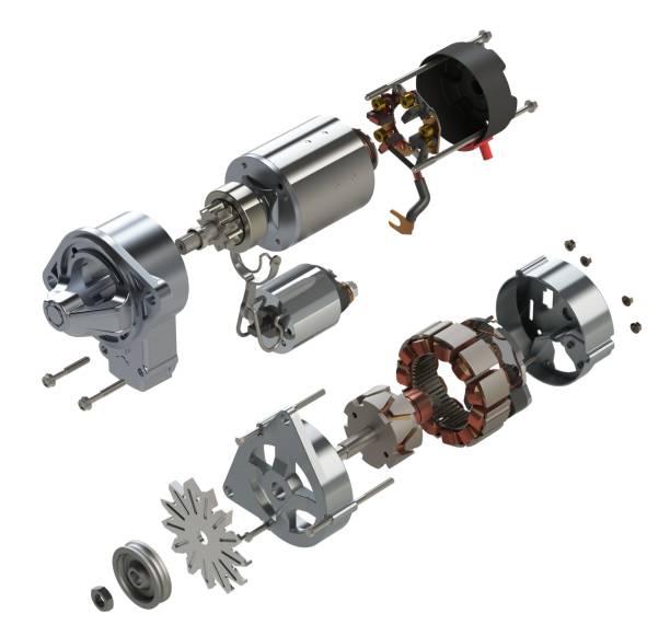 istock Car starter and alternator in exploded view 3D illustration isolated on white background 1434336382