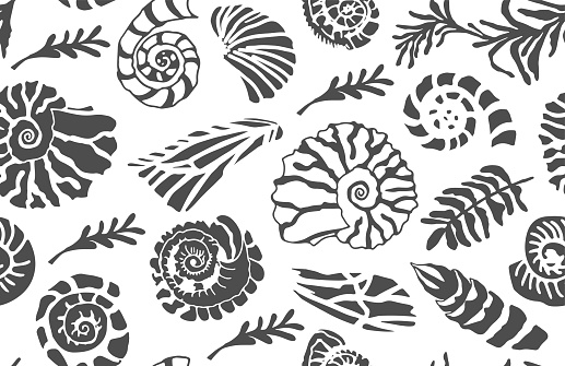 Black Stencil seashells and plants Seamless pattern Hand drawn art of ocean shell or conch mollusk scallop Sea underwater animal fossil Nautical and aquarium, marine theme. Vector illustration.