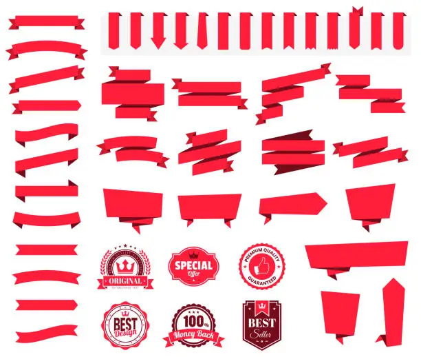 Vector illustration of Set of Red Ribbons, Banners, badges, Labels - Design Elements on white background