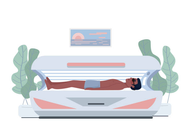 ilustraciones, imágenes clip art, dibujos animados e iconos de stock de ilustración aislada vectorial 2d de bronceado en interiores - cama solar