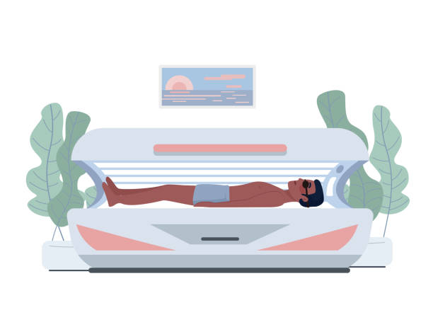 Indoor tanning 2D vector isolated illustration Indoor tanning 2D vector isolated illustration. Beauty procedure flat character on cartoon background. Cosmetic tan device colourful editable scene for mobile, website, presentation tanning bed stock illustrations