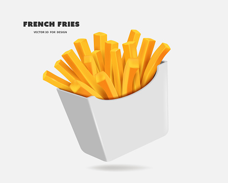 French fries are packed in a white paper box or paper envelope,vector 3d isolated on white background for fast food advertising design,vector for food and drink concept