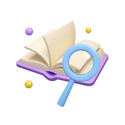 Vector 3d style search icon. Magnifying glass with open book  illustration, isolated on white background