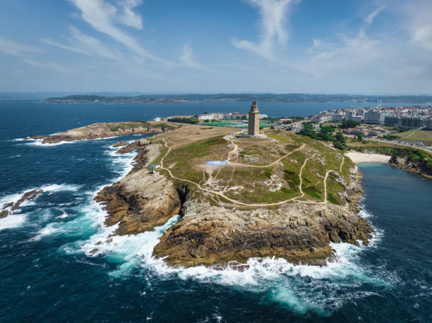 Hercules Tower A Coruna City A Coruña Galicia Spain A Coruña famous ancient roman Hercules Tower - Torre de Hércules (Tower of Hercules) Coastal Lighthouse Aerial Drone View from the Atlantic Ocean. A Coruna, Galicia, Northern Spain, Spain, Europe. galicia stock pictures, royalty-free photos & images