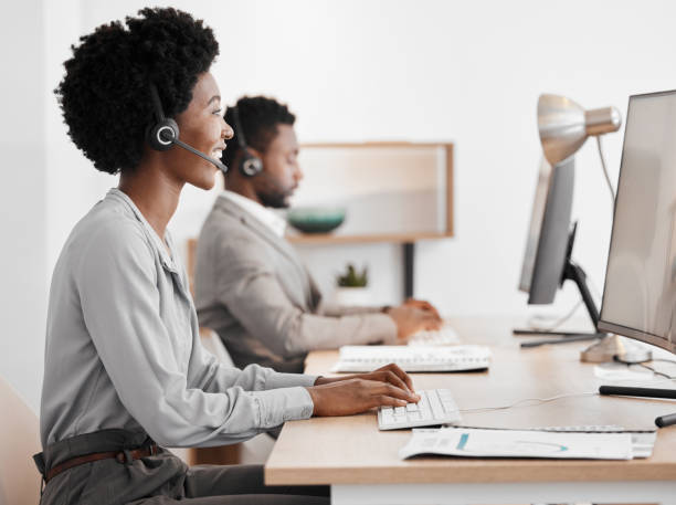 istock Call center worker talking on online communication with computer in office, giving advice at telemarketing company and consulting on internet. Happy customer service consultant giving support 1434346049