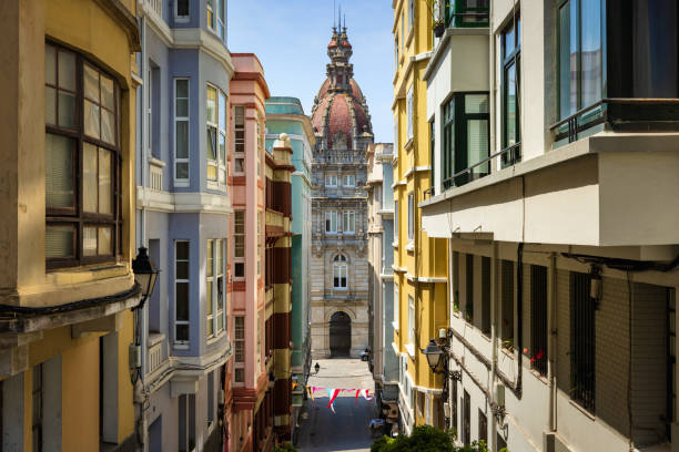 A Coruna Concello da Coruña, Praza de Maria Pita View through colorful Alley stock photo