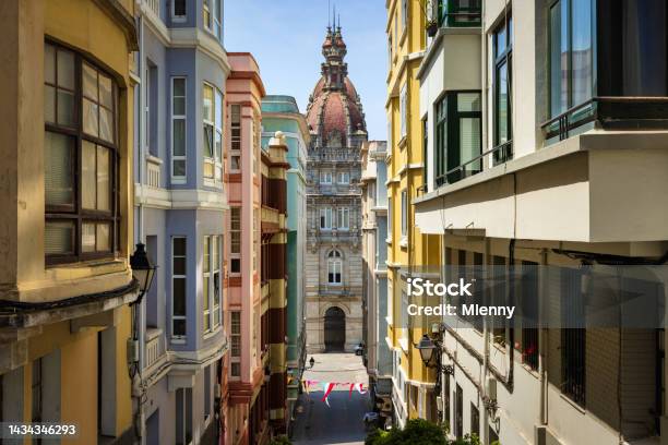 A Coruna Concello Da Coruña Praza De Maria Pita View Through Colorful Alley Stock Photo - Download Image Now
