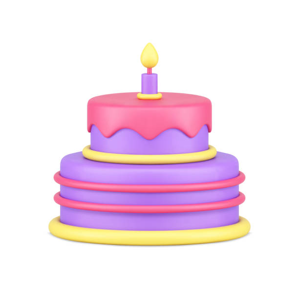 Birthday cake candy melting glaze with one burning candle anniversary celebration 3d icon vector Birthday cake premium two tier candy covered by melting glaze with one burning candle anniversary celebration 3d icon vector illustration. Sweet icing delicious treat festive holiday gift congrats cake stock illustrations