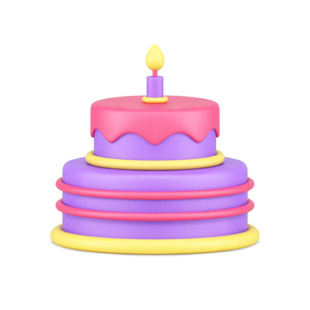 Birthday cake candy melting glaze with one burning candle anniversary celebration 3d icon vector Birthday cake premium two tier candy covered by melting glaze with one burning candle anniversary celebration 3d icon vector illustration. Sweet icing delicious treat festive holiday gift congrats cake stock illustrations