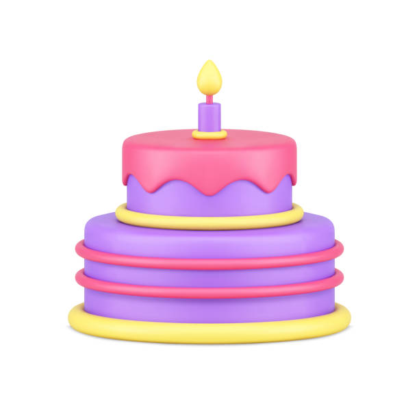 Birthday cake candy melting glaze with one burning candle anniversary celebration 3d icon vector Birthday cake premium two tier candy covered by melting glaze with one burning candle anniversary celebration 3d icon vector illustration. Sweet icing delicious treat festive holiday gift congrats ice pie stock illustrations