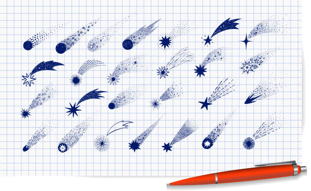 sammlung von doodle-kometen, meteoriten und sternschnuppen auf liniertem papierhintergrund. vektorskizze illustration - meteor stock-grafiken, -clipart, -cartoons und -symbole