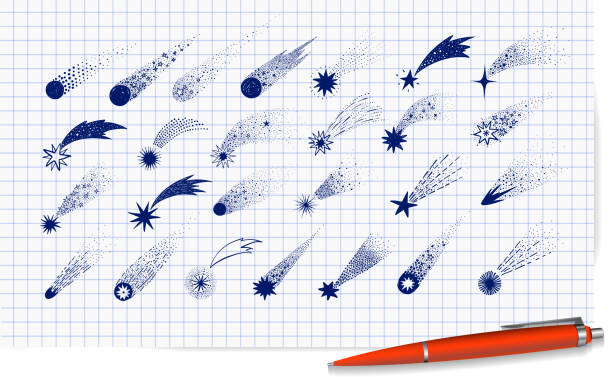 коллекция каракулевых комет, метеоритов и падающих звезд на облицованном бумажном фоне. векторная эскизная иллюстрация - meteor stock illustrations