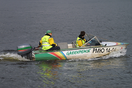 Saint Petersburg-Russia - 16.06.2022: A raid by Greenpeace volunteers to check the purity of water.