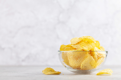 Potato chips. Beer snack. With copy space