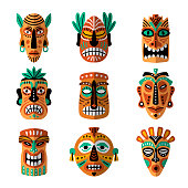 istock Mask totems. Hawaii authentic tribal masks mythological totems recent vector cartoon templates 1434348994