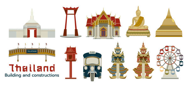 ilustrações de stock, clip art, desenhos animados e ícones de set of thailnd building and constructions element flat vector illustration with earth tone color. - siam square