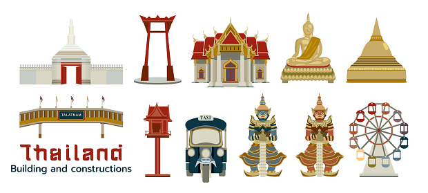 Set of thailnd building and constructions element flat vector illustration with earth tone color.