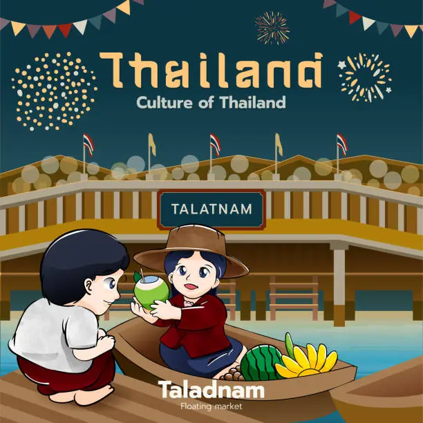 Vector illustration of floating market festival culture of thailand cute cartoon couple of kids character vector illustration