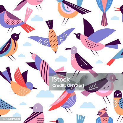 istock Birds pattern. Flying abstract birds stylized geometrical illustrations for textile designs recent vector templates set 1434349001