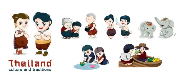 Vector illustration of Set of thailnd culture and traditions cartoon character flat vector illustration isolated on white