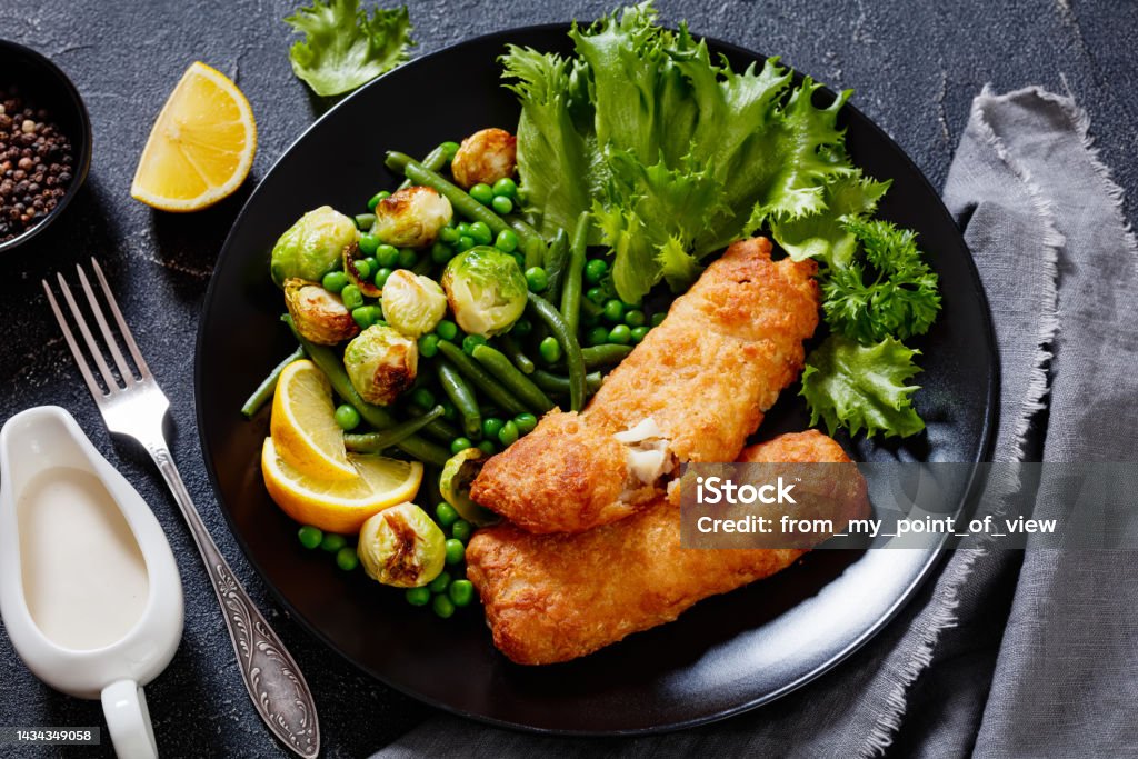 Cod Fish Green Meat Crispy Beer Batter Cod Fish With Green Vegetables Stock Photo ...