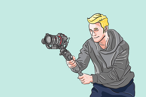 The man holding camera with gimbal accessories for any production, Videographer posing action, cameraman with cinema action, Contributor make any contents, Film maker flat vector illustration.