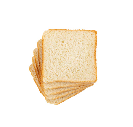 Sandwich Bread Square Slices Isolated. Supermarket Bread for Toasts, Soft White Sliced Bread, Sweet Sandwich Loaf Pieces on White Background Top View
