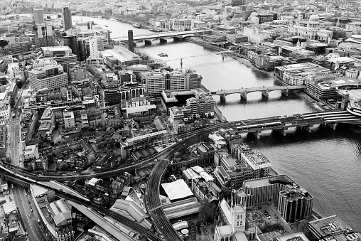 Black and white aerial cityscape  with houses of Parliament , Big Ben and  Westminster Abbey. London,UK