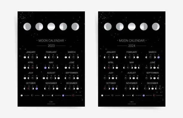Vector illustration of Set of one page moon calendars for 2023 and 2024 years. Black lunar calendar planner agenda templates.