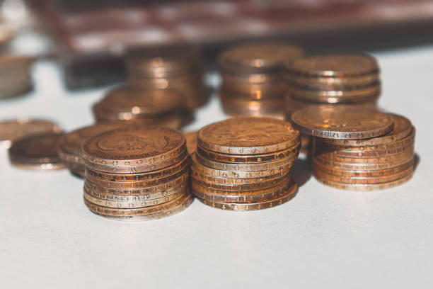 Piles of coins . Cash money stack . Nickel and copper. Numismatist collection
