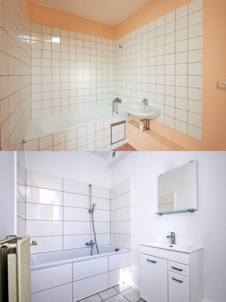 istock Before and after view of a freshly renovated bathroom 1434354420