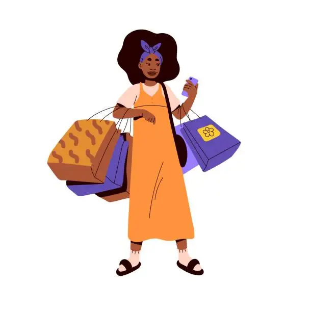 Vector illustration of Happy girl buyer holding many shopping bags and mobile phone. Young black woman customer in modern fashion clothes, carrying purchases. Flat graphic vector illustration isolated on white background