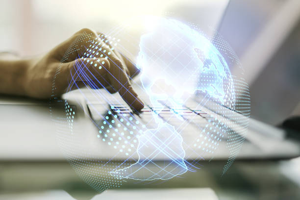 istock Double exposure of graphic America map and hand typing on computer keyboard on background, big data and digital technology concept 1434356395