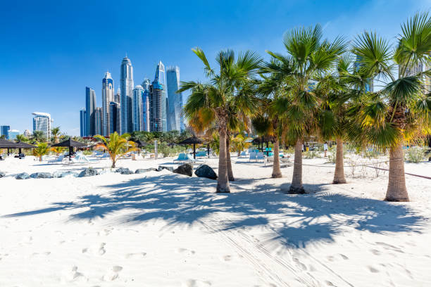 istock Dubai jumeirah beach with marina skyscrapers in UAE 1434357577
