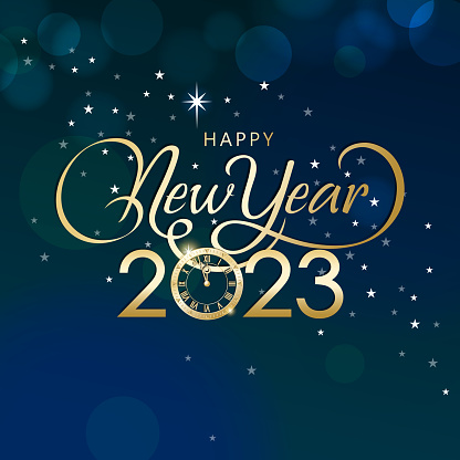 Join the countdown party on the New Year's Eve of 2023 with metallic clock and gold colored calligraphy on the starry background