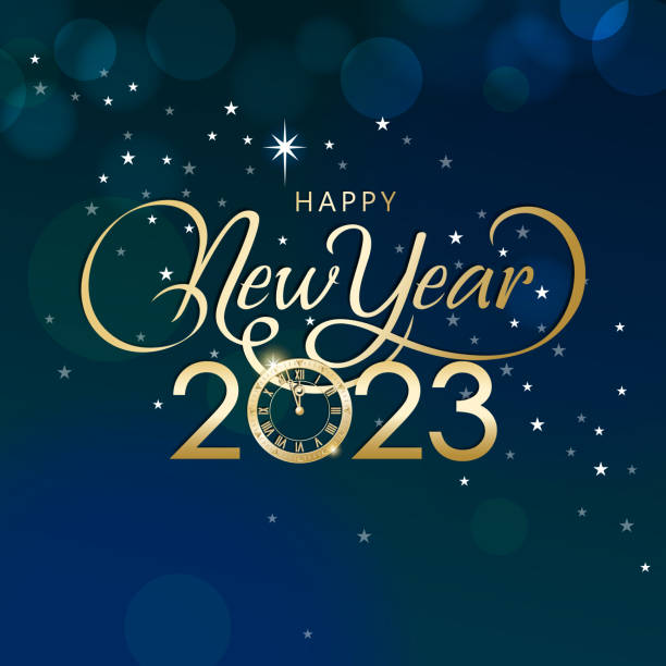 2023 New Year’s Eve Countdown Join the countdown party on the New Year's Eve of 2023 with metallic clock and gold colored calligraphy on the starry background 2023 stock illustrations