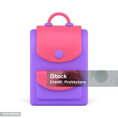 istock Modern backpack stylish school luggage purple pink design front view realistic 3d icon vector 1434359386
