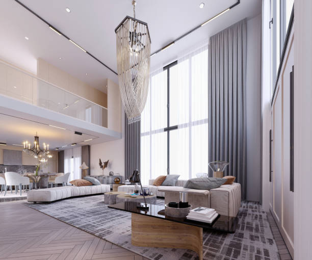 istock 3d rendering,3d illustration, Interior Scene and  Mockup,modern style living room,a large beige sofa, a chandelier in the middle of the room. 1434362419