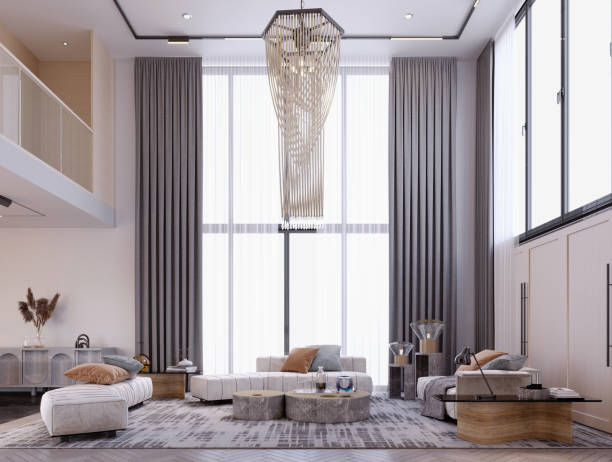 istock 3d rendering,3d illustration, Interior Scene and  Mockup,modern style living room,a large beige sofa, a chandelier in the middle of the room. 1434362421