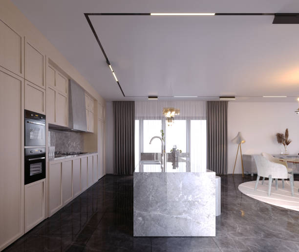 istock 3d rendering,3d illustration, Interior Scene and  Mockup,kitchen and dining room,render modern style,decoration. 1434362438