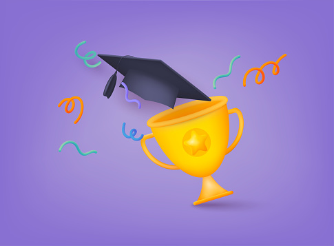 College cap and winner cup icons. Minimal background for online education concept. 3D Web Vector Illustrations.