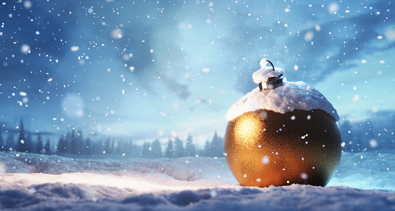 Christmas ball on snow in winter snowing scene. 3D illustration