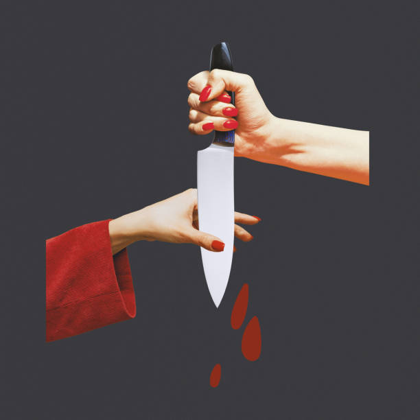 istock Authentic hands and sharp knife. Modern design, contemporary art collage. Inspiration, idea, trendy urban style. Surrealism, minimalism. 1434364235