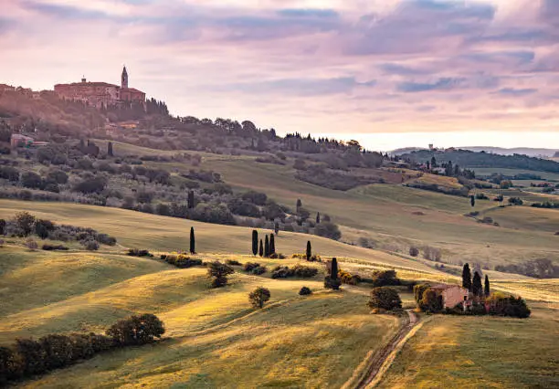 Tuscany Landscape with the beautiful little town Pienza at Sunrise - Val'd Orcia