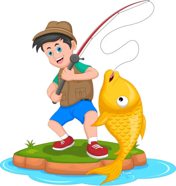 Vector illustration of cute boy fishing cartoon on white background