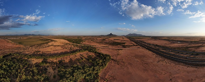 Aerial panorama looking north towards Picacho Peak, the site of the only Civil War battle in the Southwest, and Interstate 10 that runs alongside.