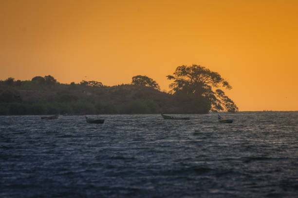Fishing boats in the middle of the lake at sunset. Lake Victoria,Tanzania. stock photo