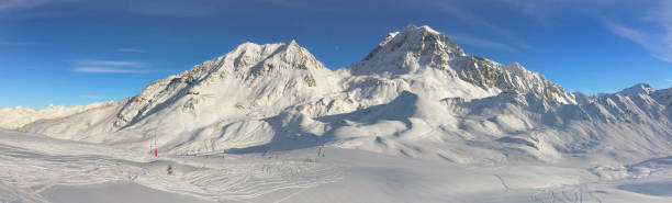 istock panoramic view on peak mountain covered with snow and ski tracts on th slopes 1434372241