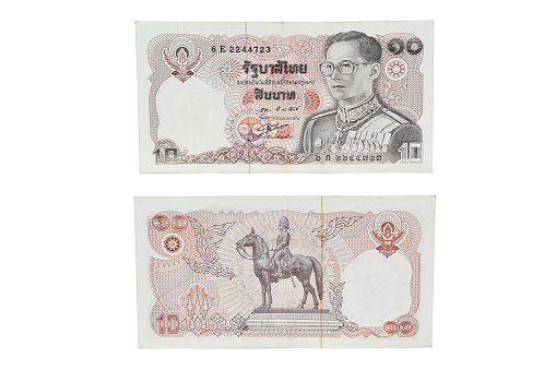 Vintage Thailand Banknote 10 Baht. At backside have a picture horse riding. Front-Backside